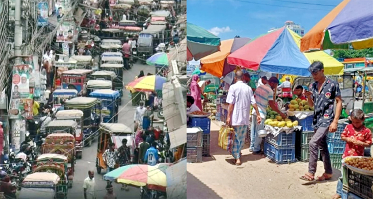 মাধবপুরে ফুটপাত-রাস্তা দখলে দোকানপাট যানজটে শহরবাসী