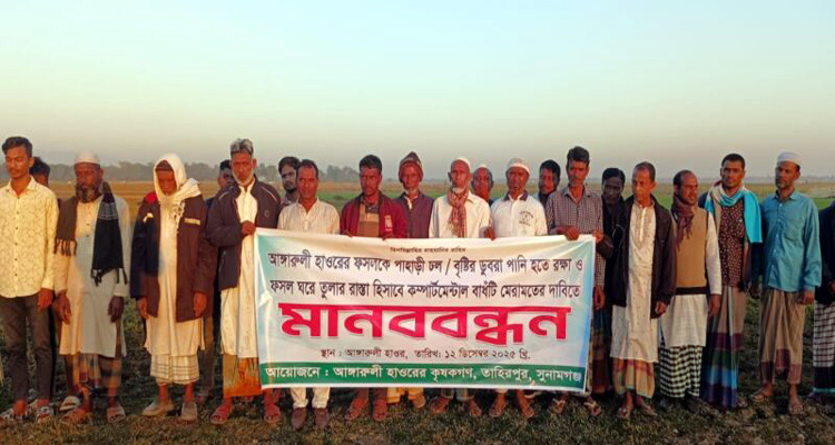 তাহিরপুরের আঙ্গারুলী হাওরের ফসল রক্ষা বাঁধ নির্মাণের দাবীতে মানববন্ধন