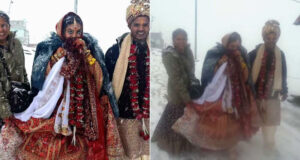 তুষারপাতের মাঝেই লেহেঙ্গা-শেরওয়ানি পরে বিয়ে, ভিডিও ভাইরাল