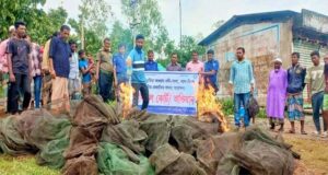নবীগঞ্জে ৩০টি নিষিদ্ধ চায়না জাল আগুনে পুড়িয়ে ধ্বংস