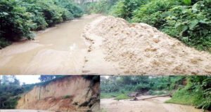 মাধবপুরে বন বিভাগের ছড়ায় অবাধে বালু উত্তোলনে পাহাড় ধসে উপড়ে পড়ছে গাছ